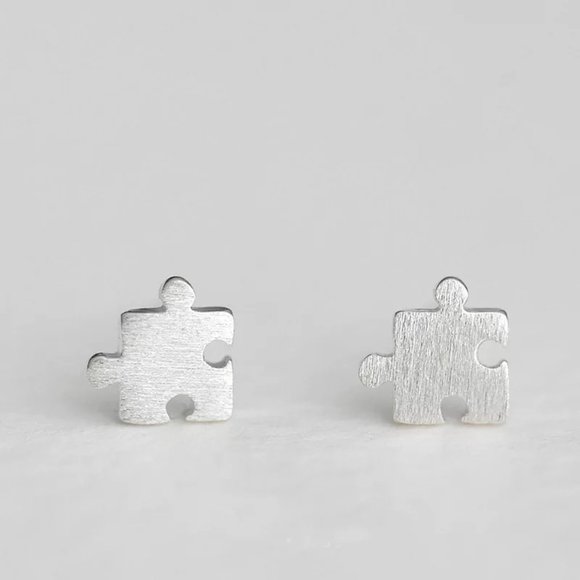 Jewelry - 14k Gold Cute Puzzle Piece Stud Earrings Sterling Silver